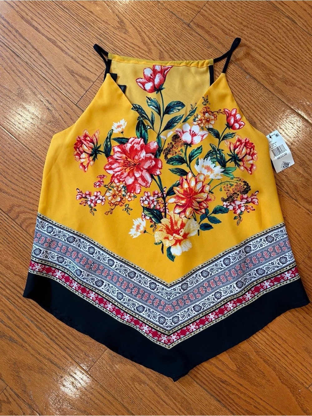 BCX Yellow Floral Scarf Hem Tank Top NWT Medium Boho Festival Summer